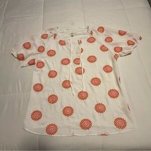 Como Blu Embroidered Boho Peasant Top Medium White Orange Pink Short Sleeve
